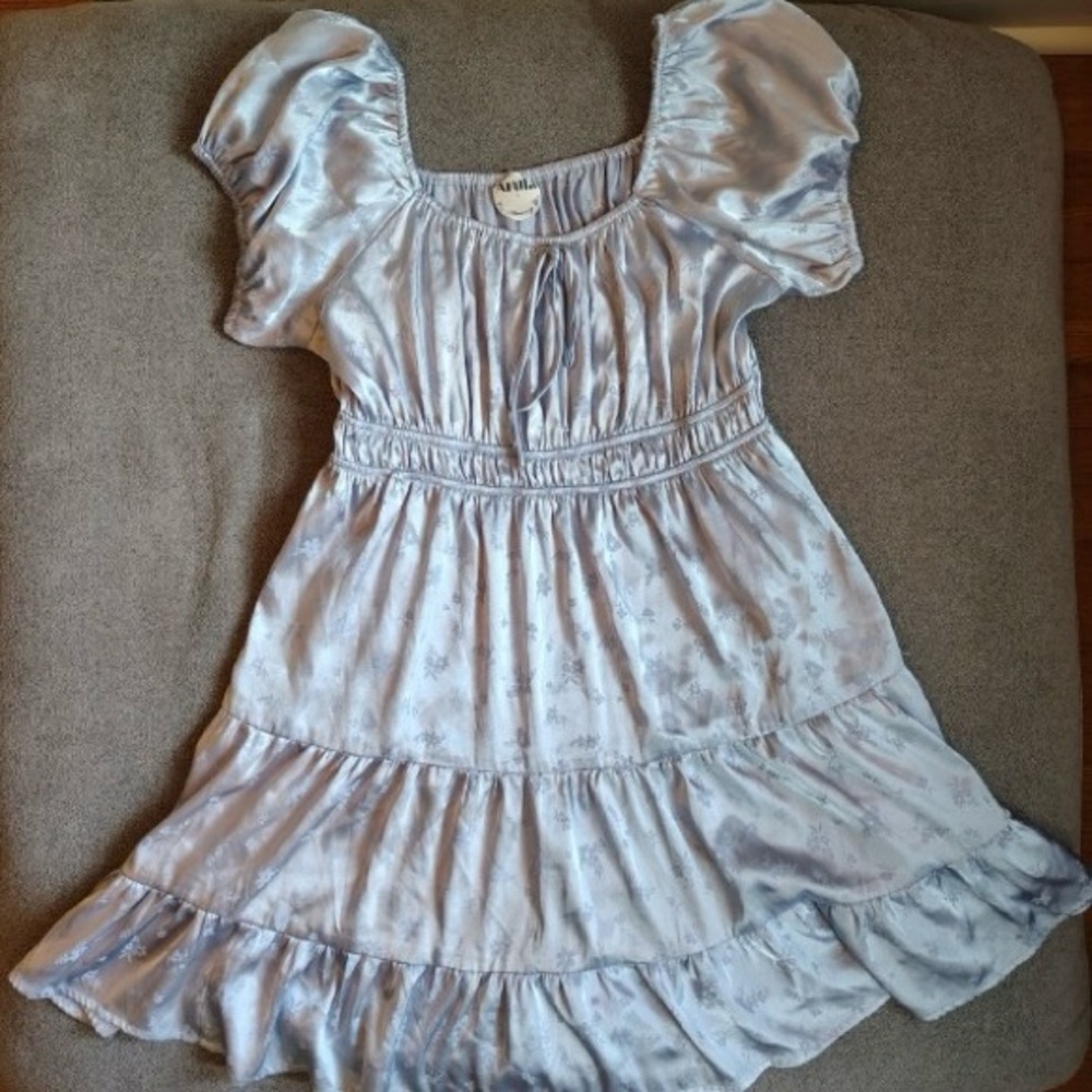 Arula Silky Baby Doll Dress Women A L/XL Blue Floral Puff Sleeve Milkmaid Fairy